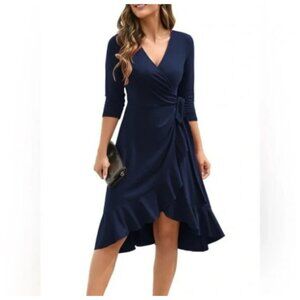 **OWIN** Women's 3/4 Sleeve V Neck Faux Wrap Dress